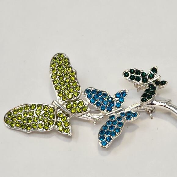Butterfly Silver Tone Brooch Pin Green Blue Rhinestone Insect Fashion Jewelry - Picture 2 of 4